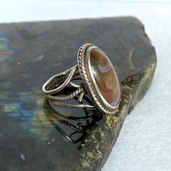 VTG Sterling Silver 925 Signed ED Oval Polychrome Jasper Split Shank Ring Sz 8 - Picture 5 of 16